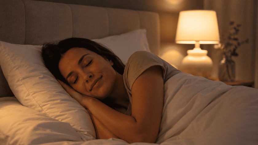 Mulher dormindo de lado na cama, com edredom branco e abajur aceso ao fundo.
