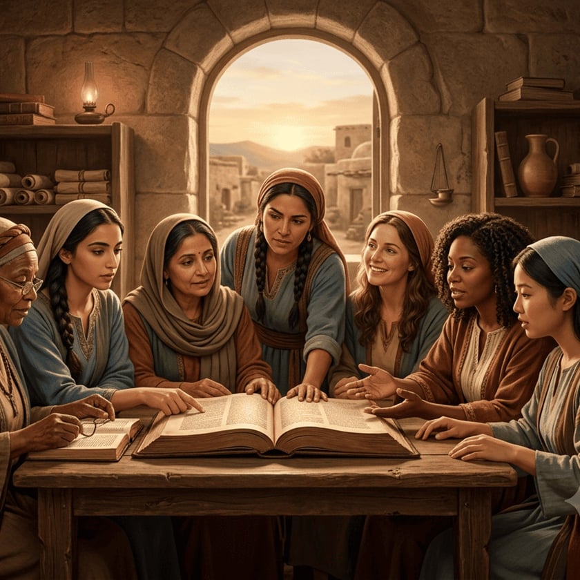 Sete mulheres de diferentes idades conversam ao redor de uma mesa com um grande livro aberto.