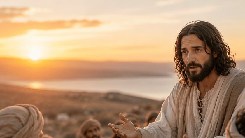 Homem de cabelo comprido e barba, em túnica clara, fala a homens sentados ao pôr do sol.