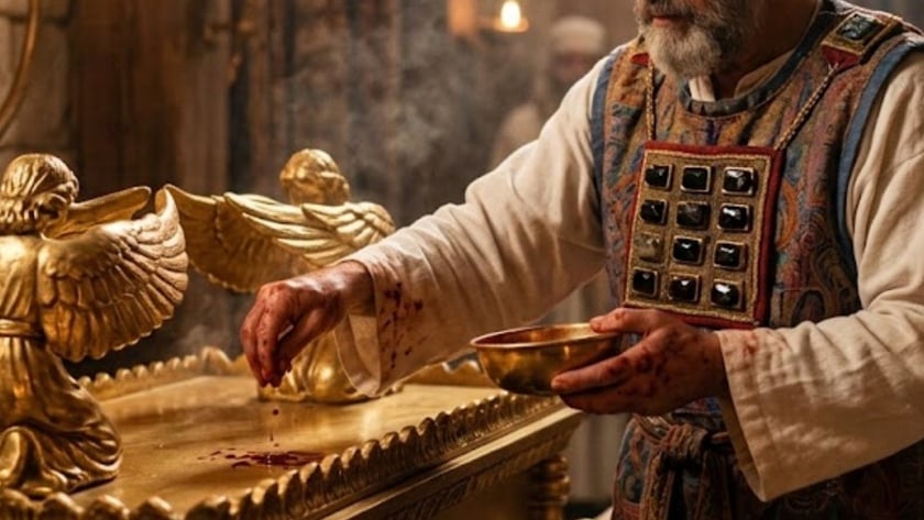 Sacerdote barbado com peitoral de pedras espalha sangue sobre a arca dourada com querubins.