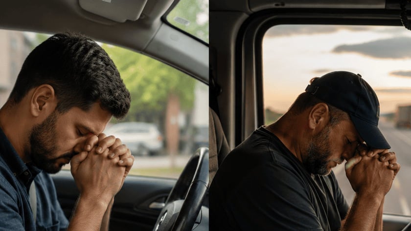 Dois homens com as mãos unidas junto ao rosto, sentados ao volante de um carro e de um caminhão.