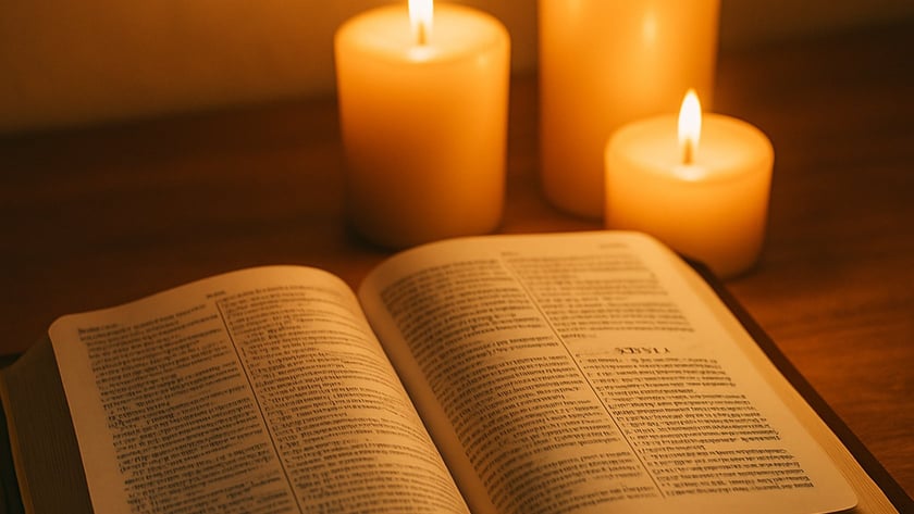 Bíblia aberta sobre mesa de madeira, com três velas acesas atrás.