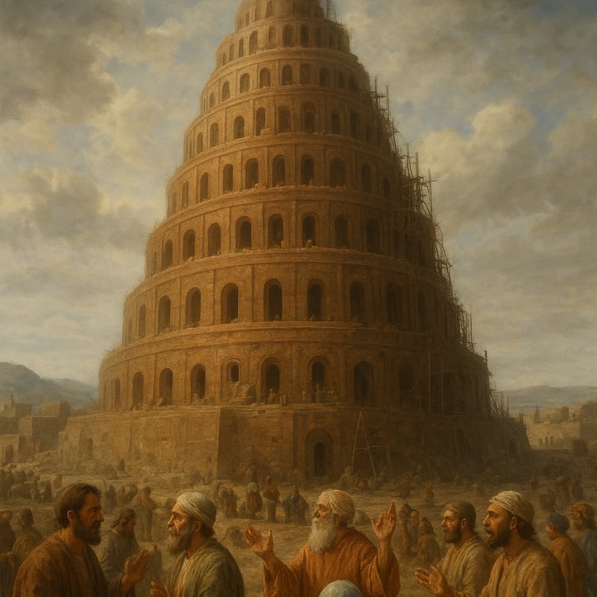 Homens conversando e gesticulando diante de uma enorme torre em espiral com andaimes