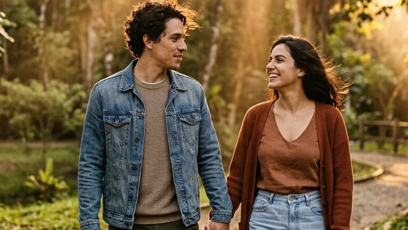 Casal de mãos dadas caminha sorrindo por uma trilha de cascalho em um parque arborizado.