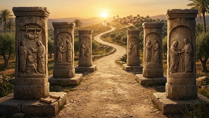 Colunas de pedra esculpidas ladeiam um caminho de terra que leva a uma vila ao pôr do sol.