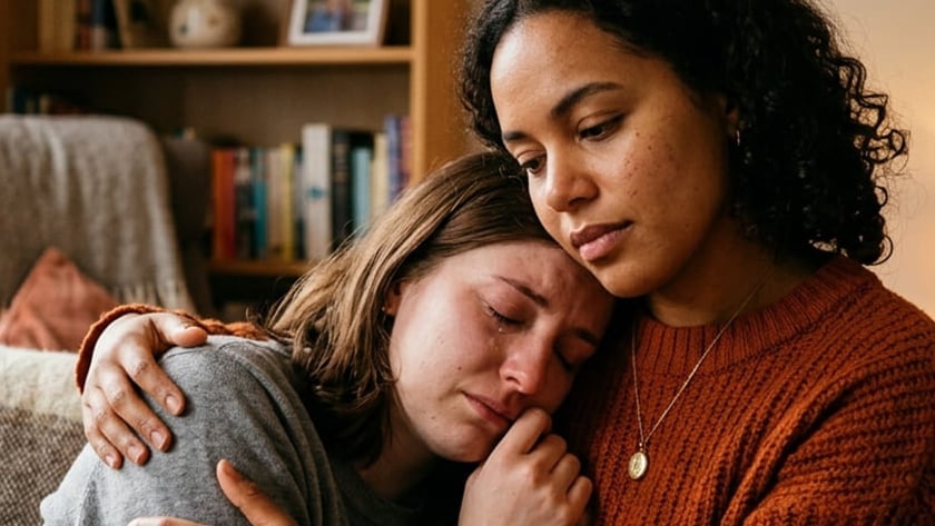 Duas mulheres sentadas no sofá, uma chorando encostada no ombro da outra, que a abraça.