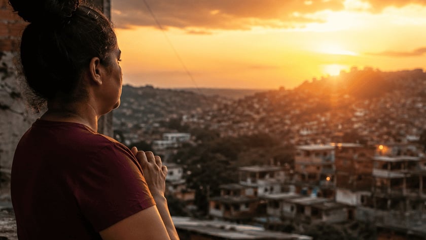 Mulher de camiseta vinho, de costas, observa o pôr do sol sobre uma comunidade em colinas.