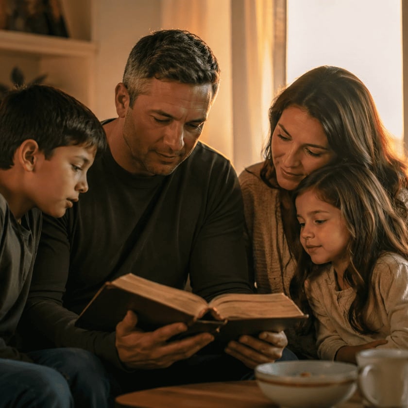 Homem, mulher e menina sentados no sofá, lendo juntos um livro grande aberto.
