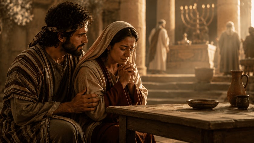 Mulher de véu, de olhos fechados e mãos unidas, ora diante de uma mesa em um templo.