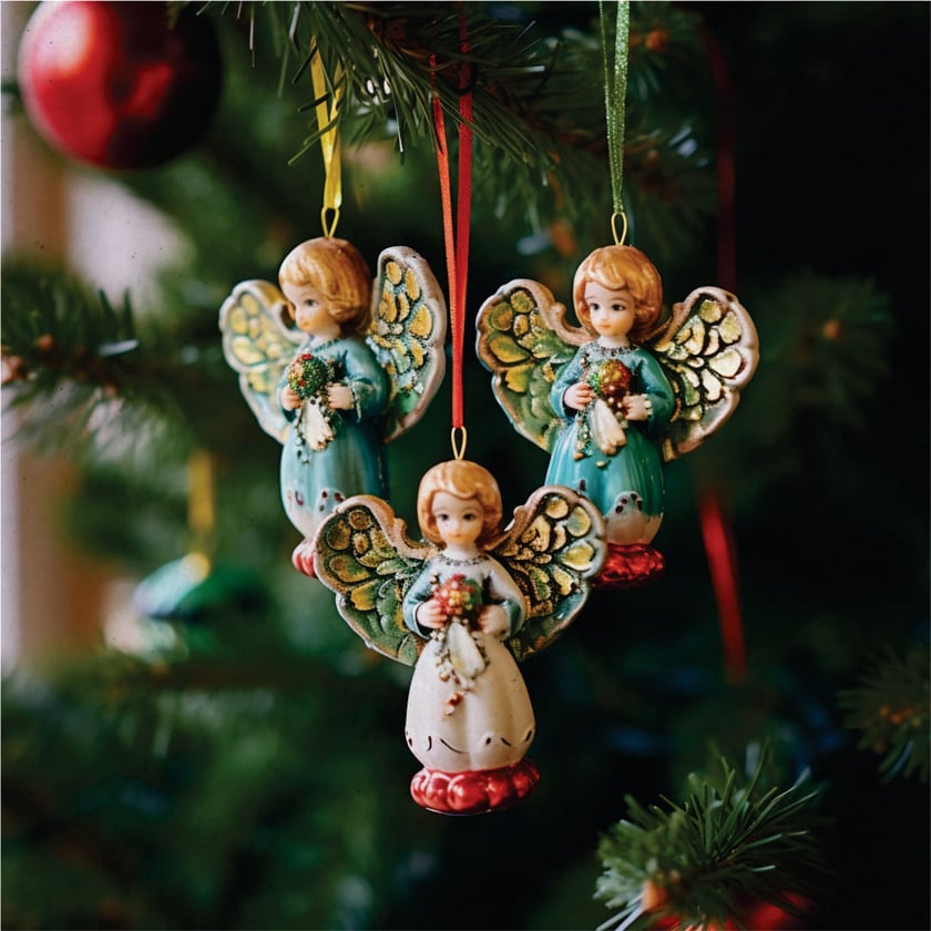 Três enfeites de anjinhos de porcelana com asas coloridas pendurados em uma árvore de Natal.