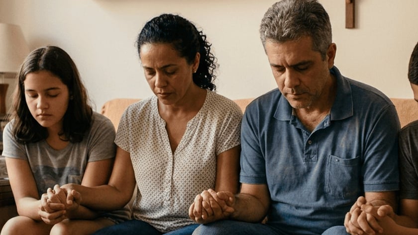 Família de quatro pessoas sentada no sofá, de mãos dadas e olhos fechados, rezando.