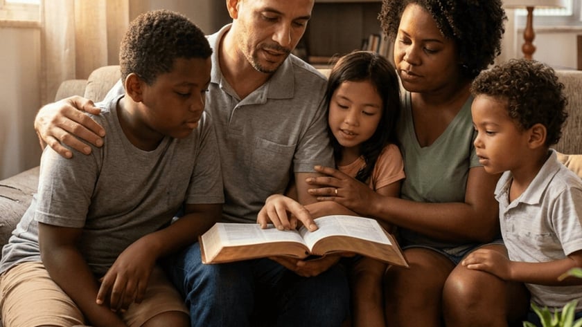 Família com três crianças lê a Bíblia junta no sofá da sala.