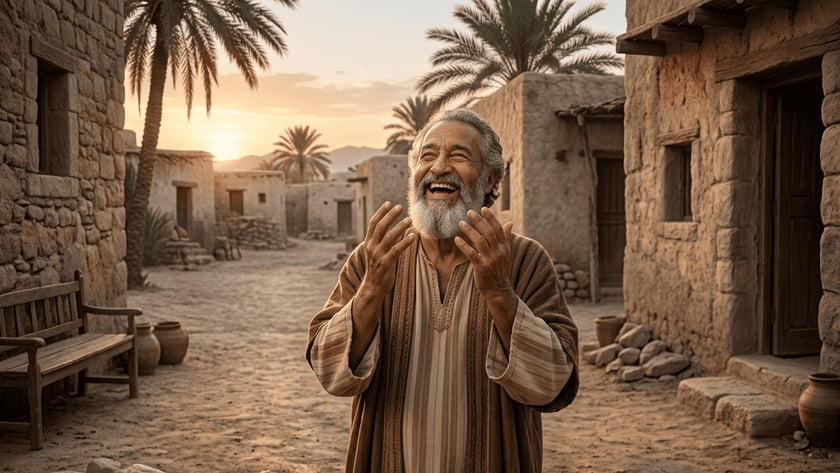 Homem idoso de barba grisalha ri com as mãos erguidas numa aldeia de casas de barro.