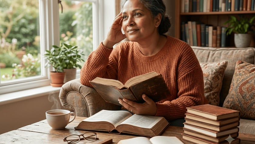 Mulher de suéter laranja segura um livro e olha pela janela, ao lado de uma mesa com livros.