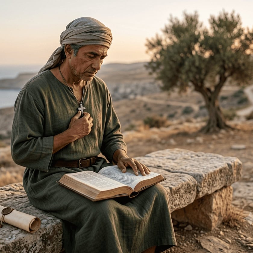 Homem de turbante e túnica verde lê um livro aberto num banco de pedra.