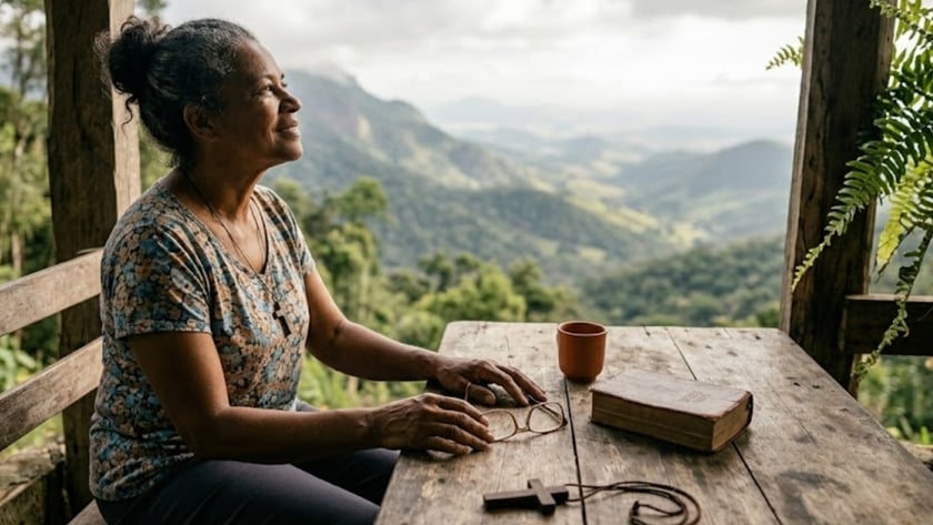 Mãos de uma pessoa sobre mesa de madeira com Bíblia, óculos, xícara e crucifixo