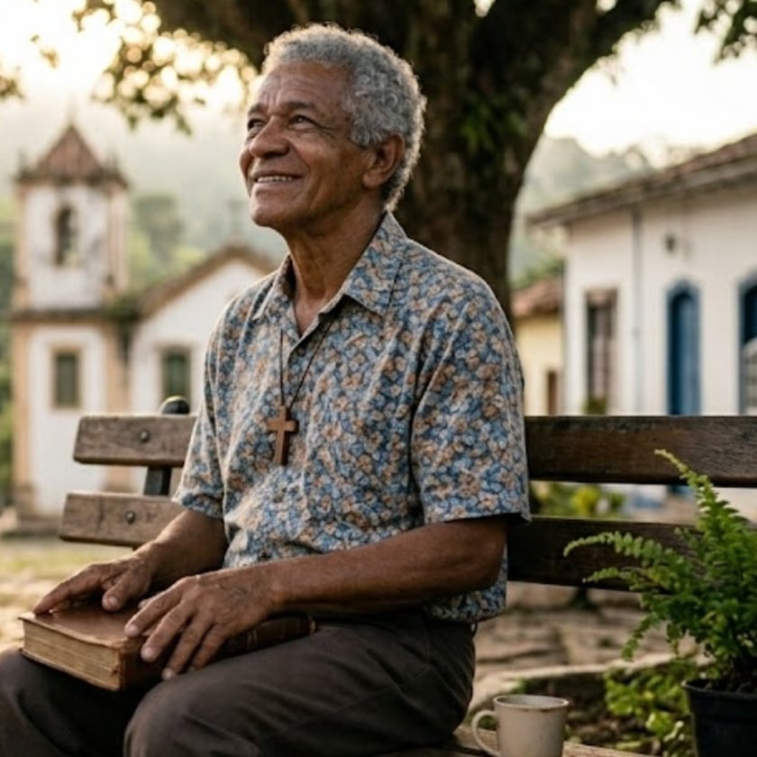 Homem idoso sorri sentado em um banco de praça, com um livro no colo.