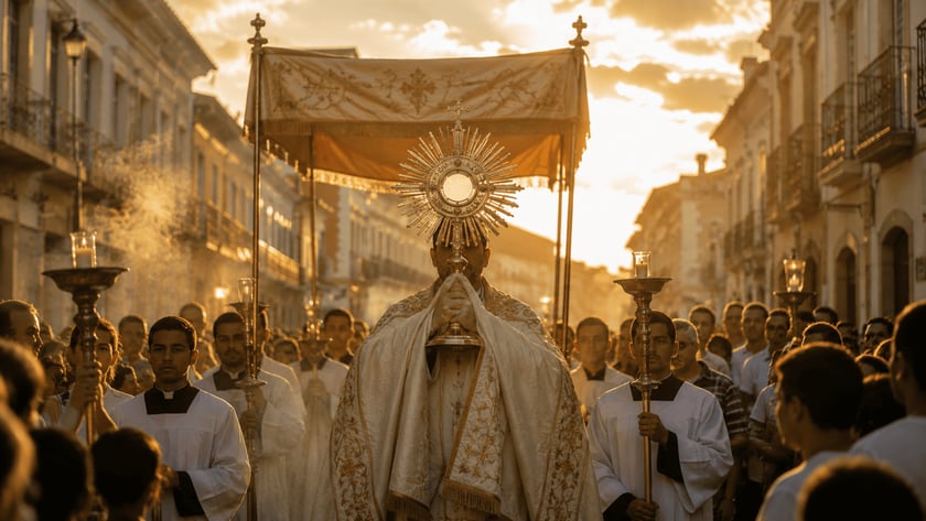 Sacerdote carrega ostensório sob dossel em procissão, seguido por coroinhas com castiçais numa rua.