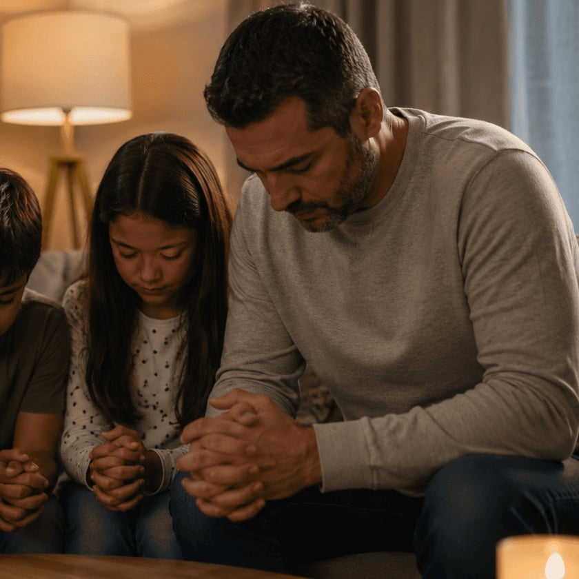 Homem e duas crianças sentados no sofá, de cabeça baixa e mãos unidas, rezando.