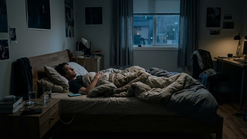 Pessoa deitada de olhos abertos numa cama desfeita, em um quarto escuro à noite.