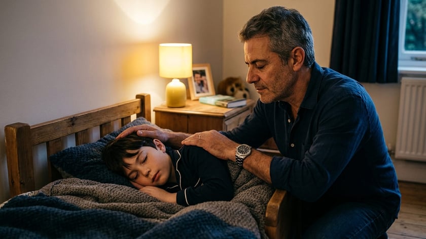 Homem de camisa azul toca a cabeça e o ombro de um menino dormindo na cama.