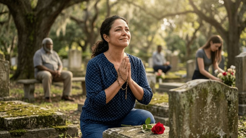 Mulher ajoelhada com um terço entre as mãos junto a um túmulo com uma rosa vermelha.