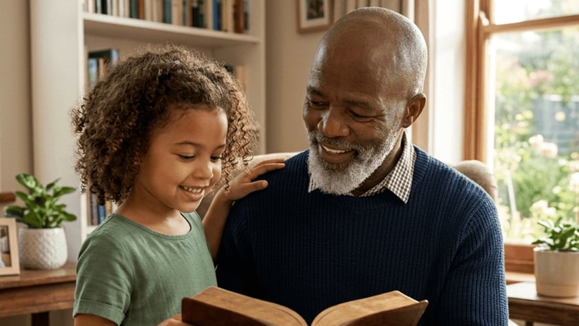 Homem idoso de barba grisalha e uma menina de cabelo cacheado leem um livro numa poltrona.