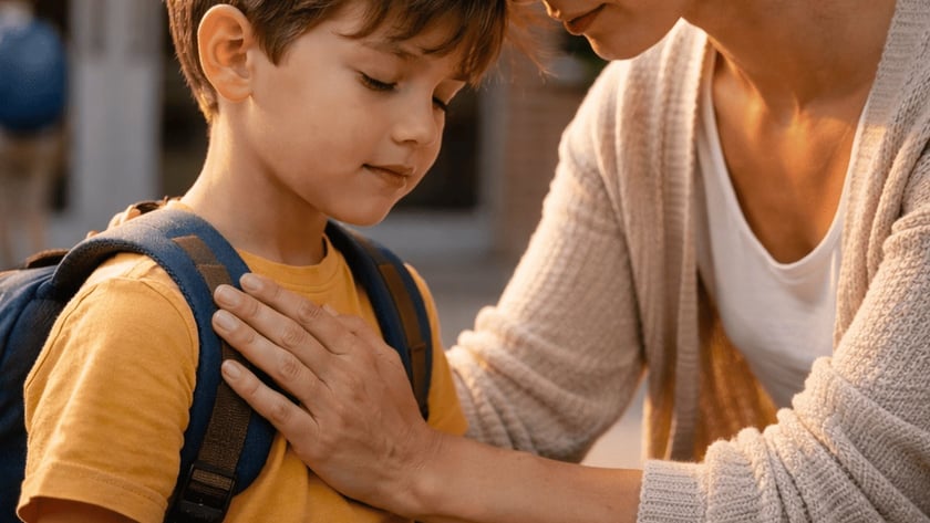Mulher agachada encosta a testa na de um menino de mochila, com a mão em seu peito.