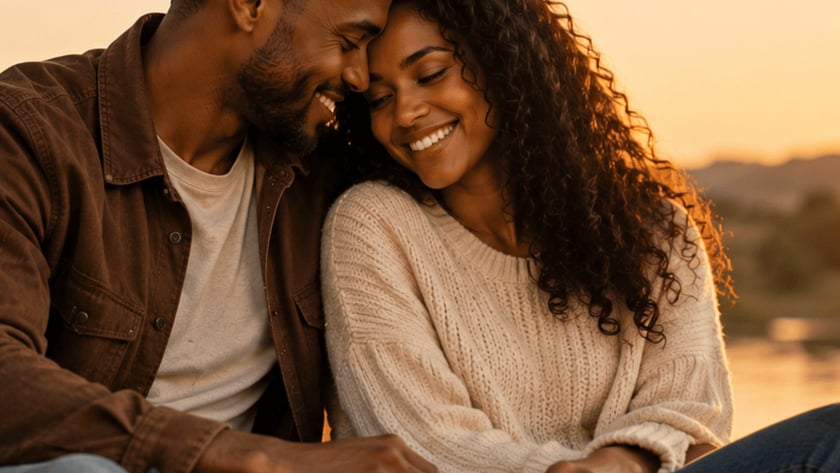 Casal sorridente sentado em uma manta, com um livro aberto, junto a um lago.