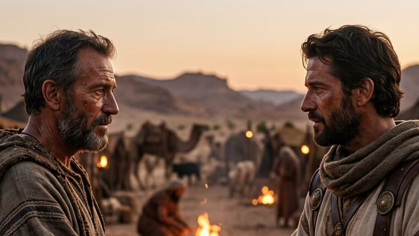 Dois homens barbados apertam as mãos junto a uma fogueira em acampamento no deserto.