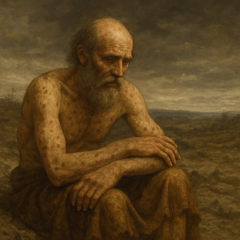 Homem idoso, barbudo e sem camisa, com manchas na pele, sentado em paisagem árida.