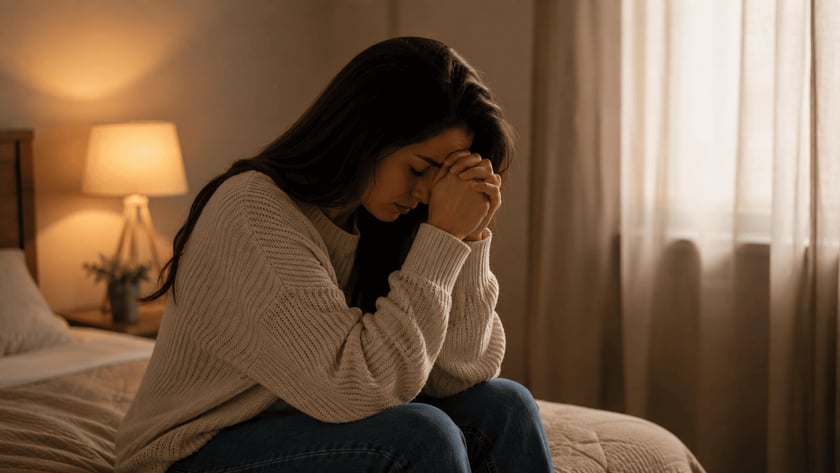 Mulher de cabelo escuro e suéter claro, sentada na cama, com o rosto apoiado nas mãos unidas.