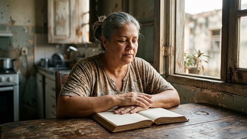 Mulher de cabelos grisalhos, de olhos fechados, com as mãos sobre um livro aberto numa mesa