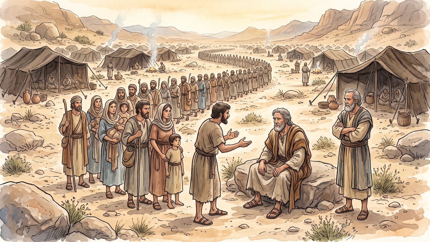 Fila de pessoas num acampamento no deserto, e um homem conversa com um idoso sentado.