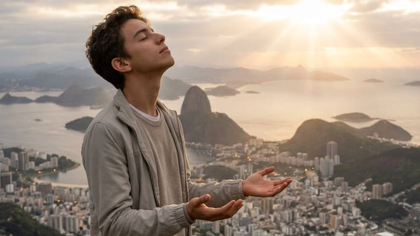 Jovem de jaqueta bege, olhos fechados e mãos abertas, em um morro sobre uma cidade litorânea.