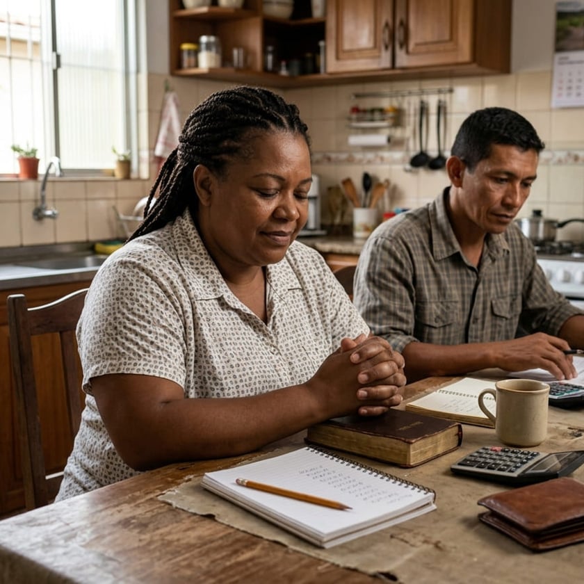 Mulher de mãos juntas e homem com calculadora sentados à mesa de uma cozinha.
