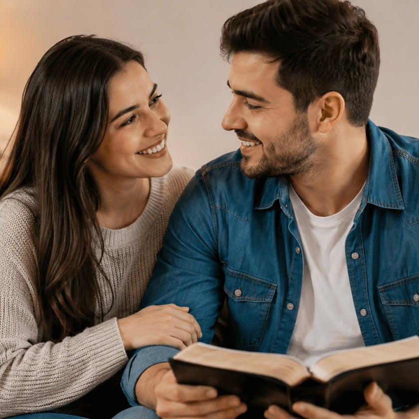 Casal sorri um para o outro no sofá, com um livro aberto no colo.