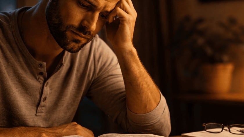 Homem sentado à mesa de madeira, com a mão na testa, olhando um livro aberto.