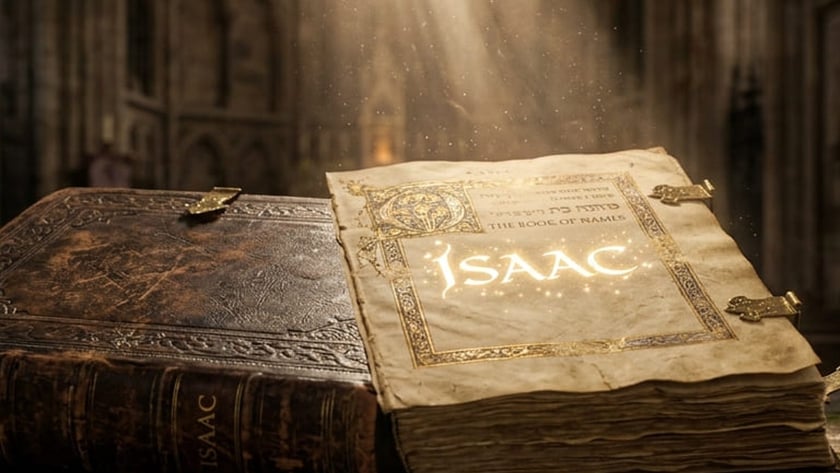 Livro antigo aberto sobre pedra numa catedral, com "ISAAC" brilhando na página e "THE BOOK OF