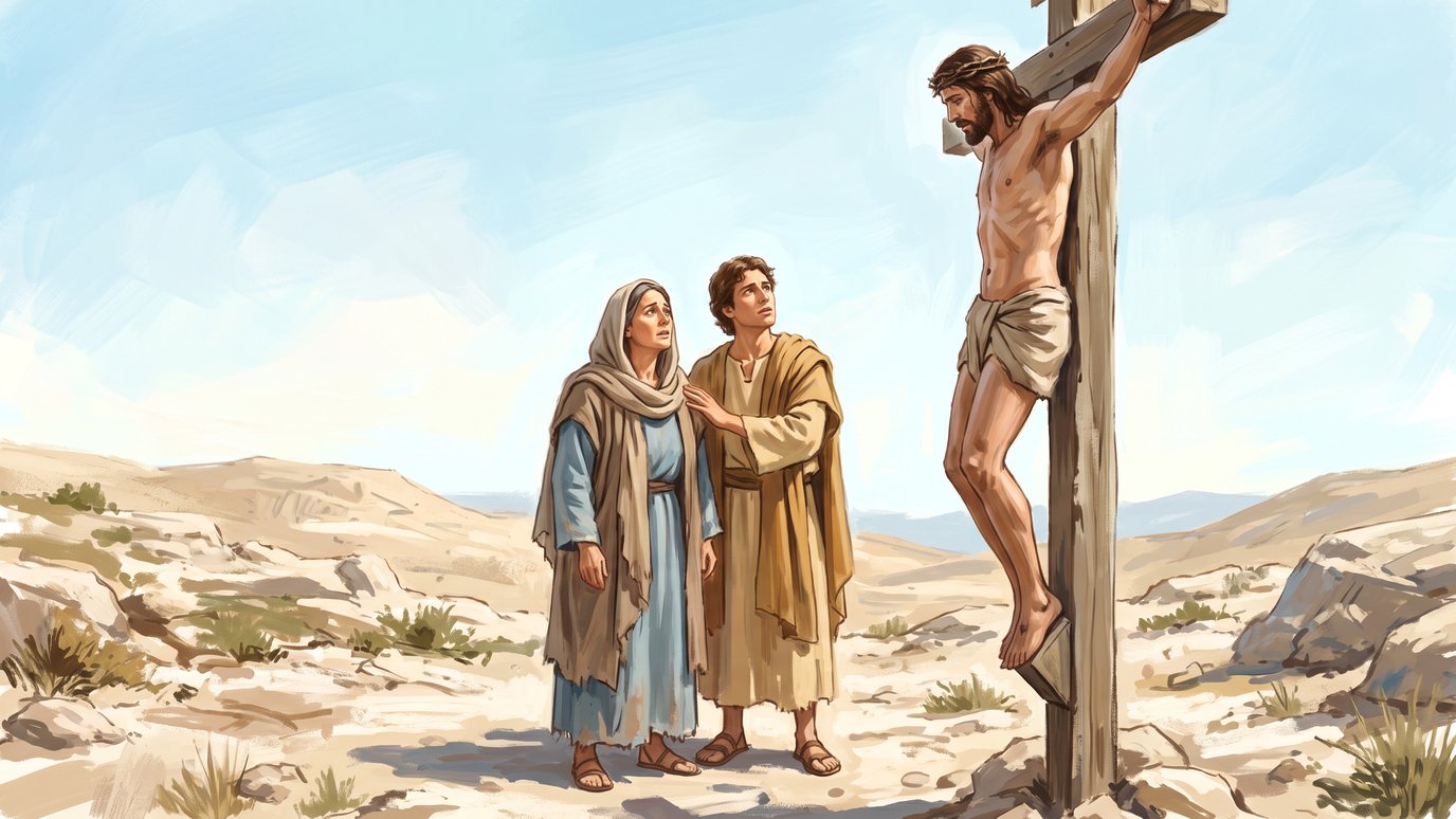 Mulher de manto e jovem de túnica olham para um homem crucificado em paisagem desértica.