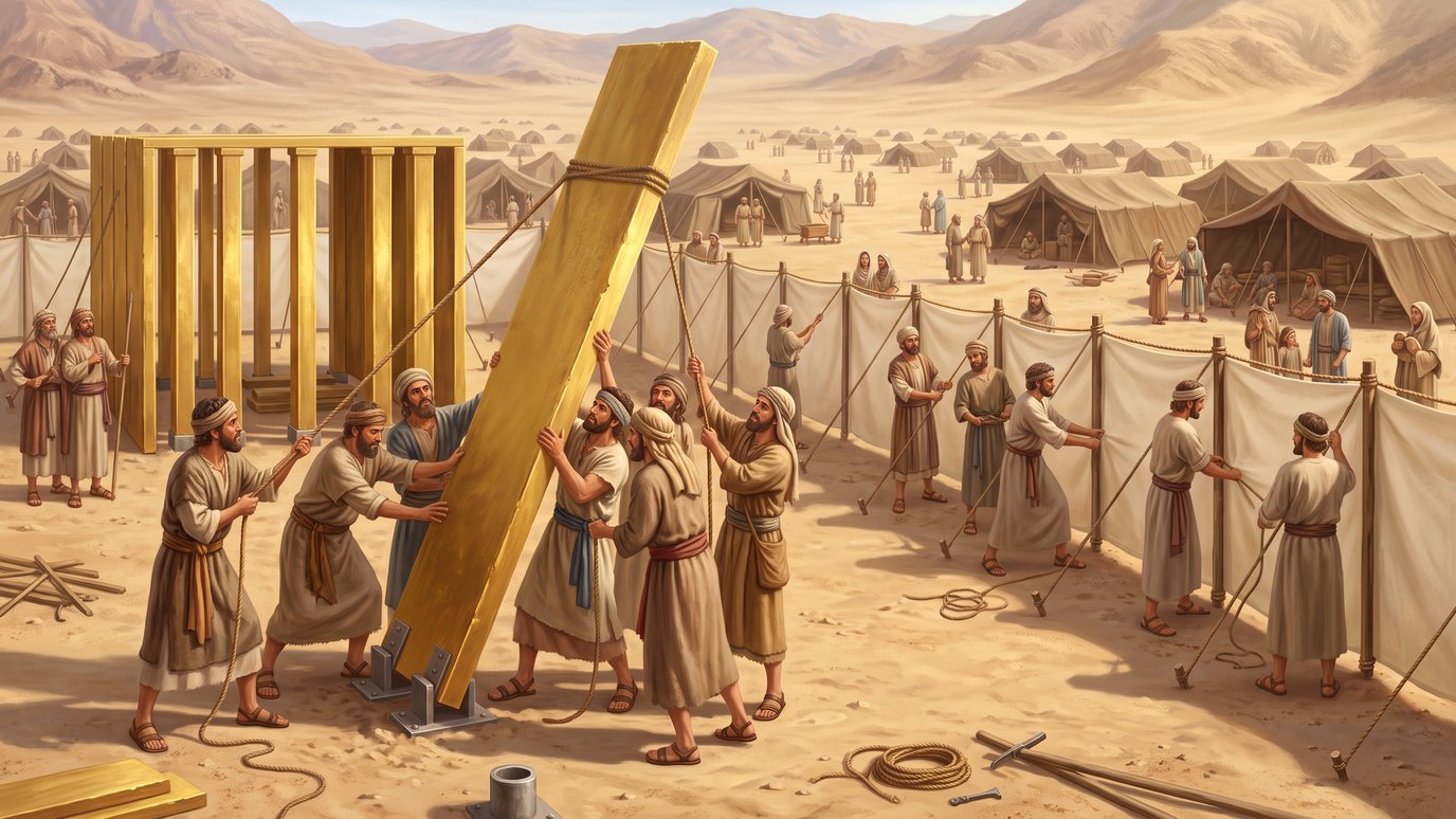 Homens em túnicas erguem com cordas uma grande prancha dourada num acampamento no deserto.