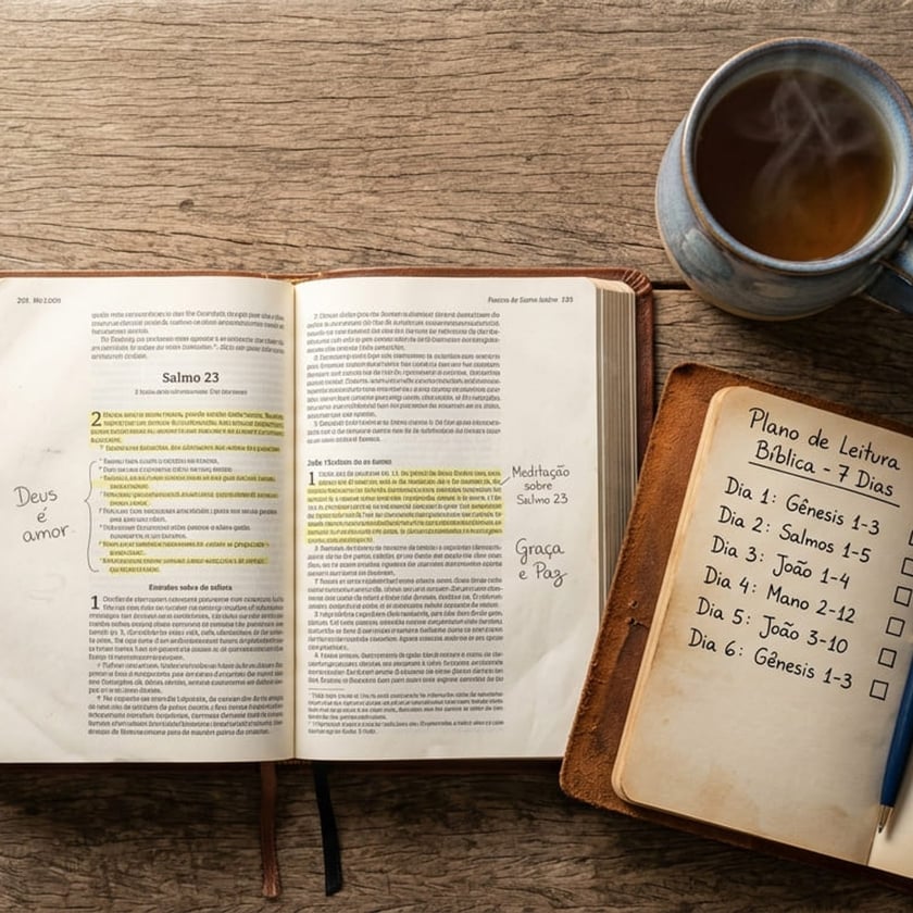 Bíblia aberta no Salmo 23, caneca de chá e caderno com "Plano de Leitura Bíblica - 7 Dias".