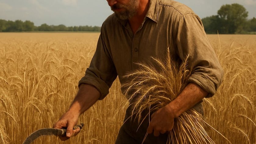 Homem de chapéu e barba colhe trigo com uma foice em um campo dourado.