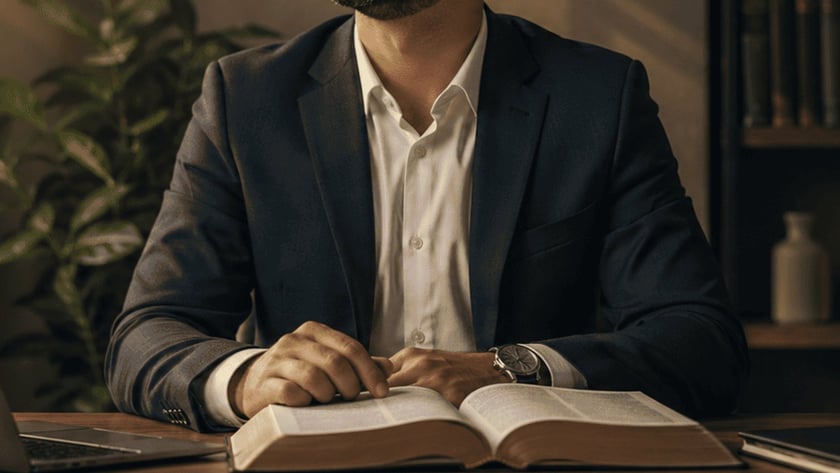 Homem de terno e barba sentado à mesa, olhando para a janela, com laptop e livro aberto.