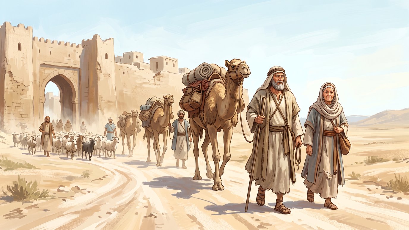 Casal com camelos e rebanho deixa uma cidade murada e segue por uma estrada no deserto.
