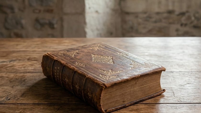Livro antigo de capa de couro com detalhes dourados sobre mesa de madeira rústica.