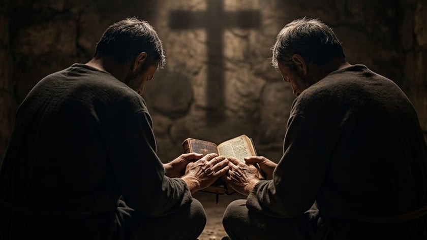 Dois homens sentados no chão de uma cela de pedra seguram um livro aberto.