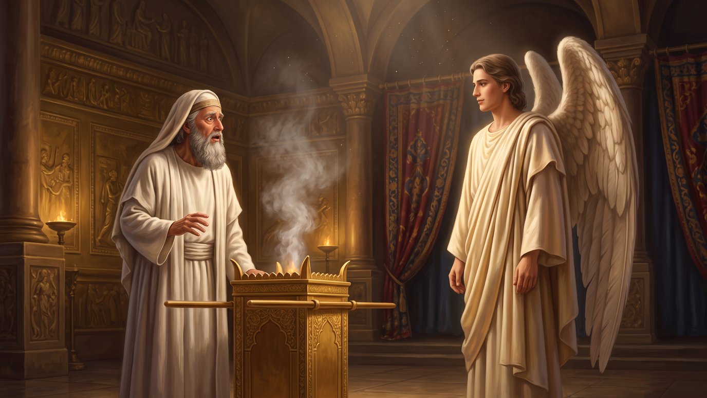Um idoso de barba e túnica branca diante de um altar dourado com fumaça, ao lado de um anjo alado.
