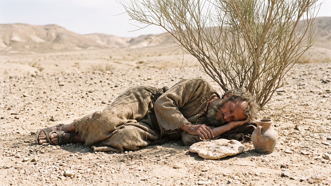Homem de barba dorme deitado no chão do deserto, junto a um arbusto, um pão e uma jarra.