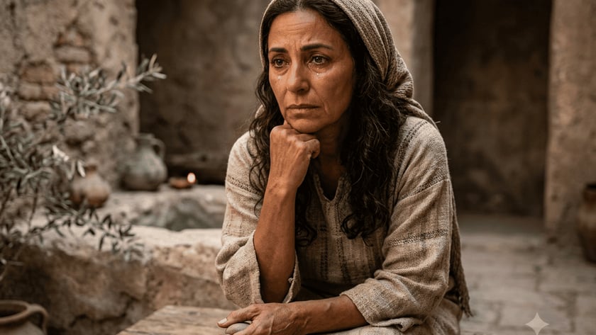 Mulher de lenço na cabeça, sentada num banco de madeira, com lágrimas no rosto.